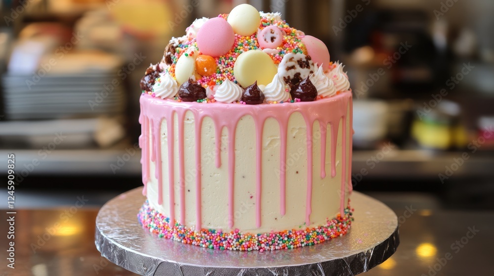 Poster colorful bakery cake with sprinkles and decorations showcasing an attractive presentation in a creat