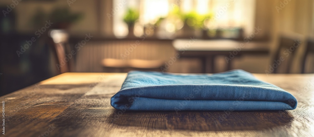 Poster blue folded tablecloth elegantly placed on a wooden table with soft natural lighting creating a warm