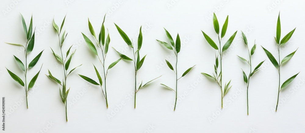 Poster bamboo leaves arranged on a white background creating a serene and natural texture suitable for vari