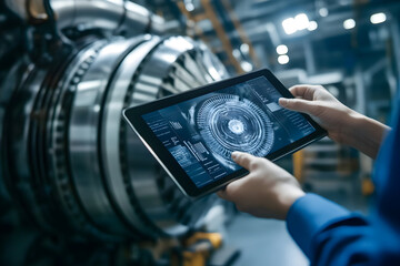 Team of engineers using digital tablet for turbine inspection. High-tech maintenance and industrial technology solutions. Modern energy production and
