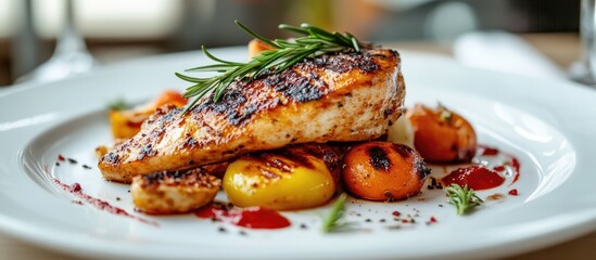 Elegantly presented grilled chicken dish with roasted vegetables and rosemary garnishment perfect for Thanksgiving celebrations and food promotions