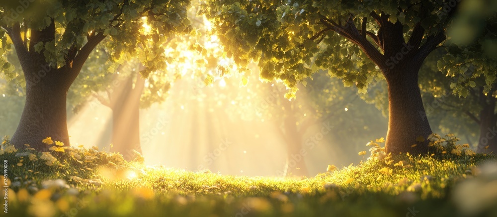 Poster serene forest scene with vibrant trees illuminated by golden sunlight streaming through foliage crea