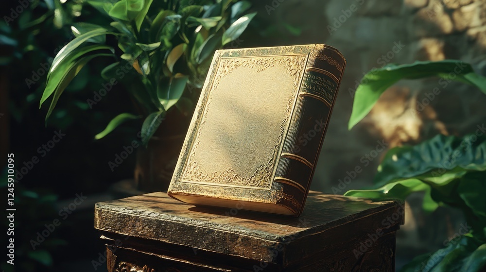 Poster a well-structured book displayed on a sturdy stand, showcasing its vibrant cover and text, surrounde