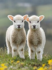 Obraz premium Playful lambs in a verdant meadow nature photography springtime scene close-up view adorable animal concept