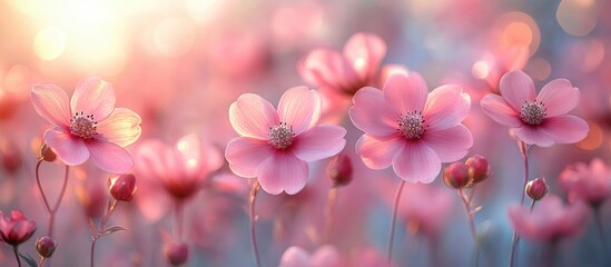 Delicate pink cosmos flowers in soft bokeh lighting creating a dreamy feminine summer atmosphere perfect for banners or backgrounds.