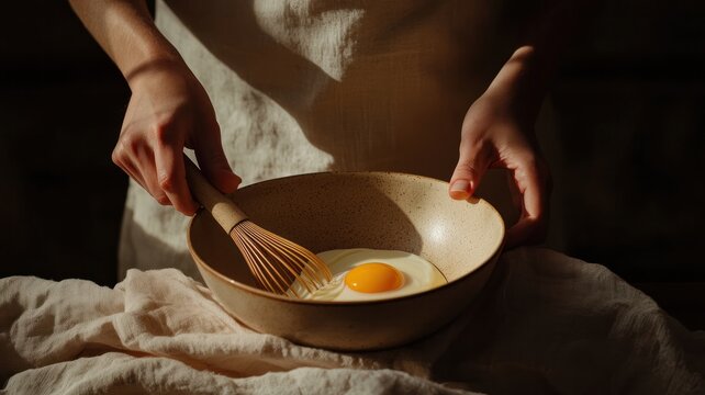 A person holds a ceramic bowl with a fresh egg and a wooden whisk, bathed in warm natural light, representing homemade cooking and baking.