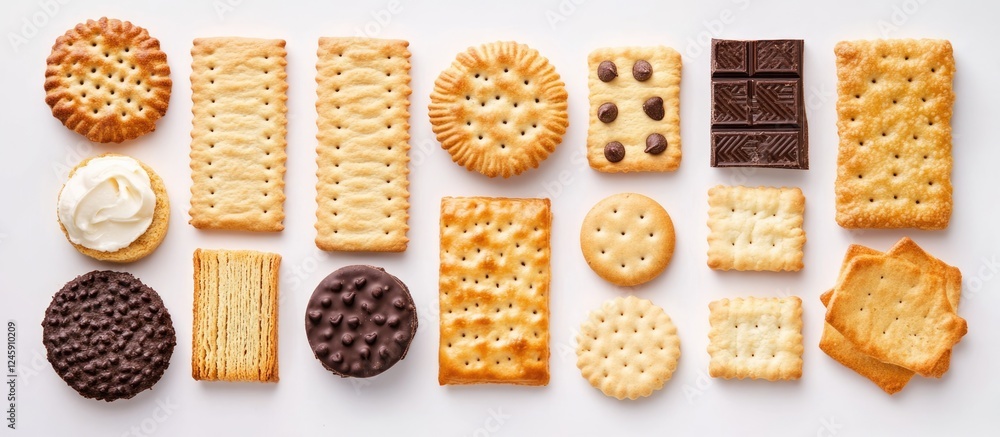 Poster assorted biscuits and crackers arranged on a white background showcasing a variety of textures and f