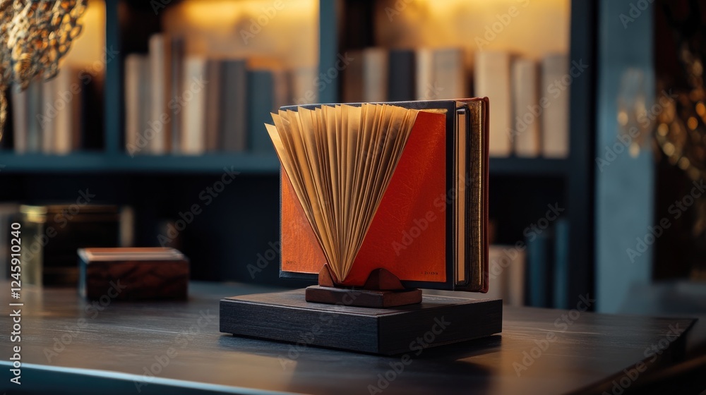 Poster a well-structured book displayed on a sturdy stand, showcasing its vibrant cover and text, surrounde