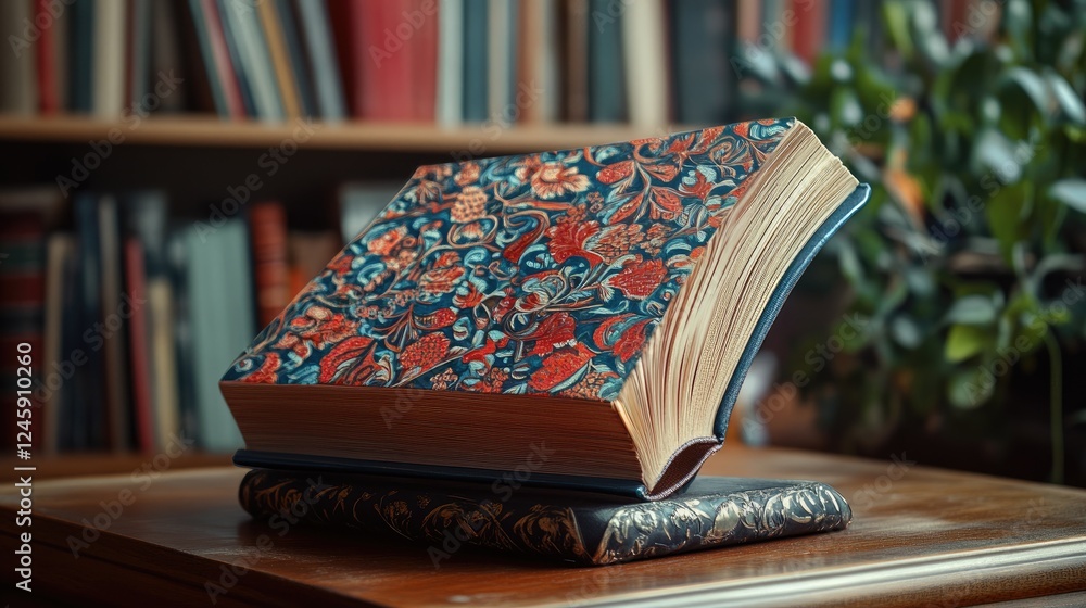 Poster A well-structured book resting on a sturdy book stand, showcasing its vibrant cover and inviting pages in a setting full of knowledge and literary exploration.