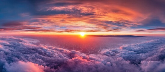 Vibrant sunrise over the Salar de Uyuni, showcasing Bolivia's vast salt flats and stunning cloud formations in a breathtaking panoramic view.