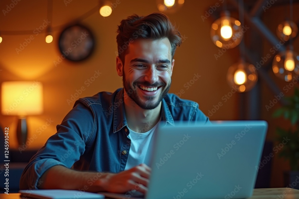 Poster man is smiling while using his laptop computer at night