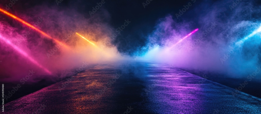 Aufkleber illuminated empty street with colorful laser beams and smoke on wet asphalt against a dark backgroun