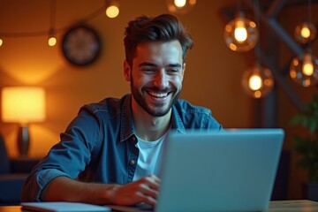 Cozy Workspace. Young man smiling with laptop in cozy room with warm l