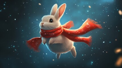 A cartoon rabbit wearing a Ravenclaw scarf, floating in space, with soft cosmic colors and a minimalist background 