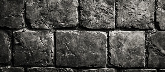 Closeup image of textured black and white brick wall showcasing detailed weathered stone patterns and rustic charm for background use.