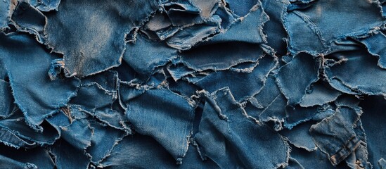 Textured blue denim fabric showcasing intricate details of worn and damaged areas for a vintage fashion appeal.