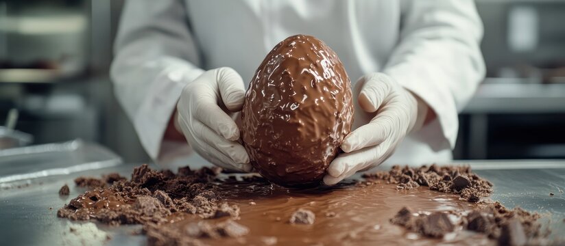 Chef crafting chocolate egg, kitchen, Easter