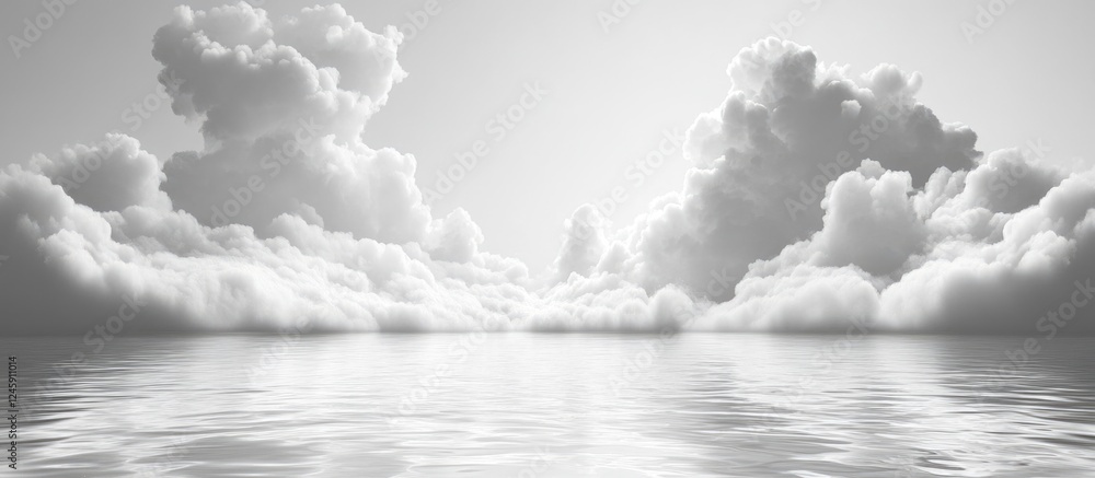 Poster gentle black and white clouds reflected on calm water with empty space for text or design use