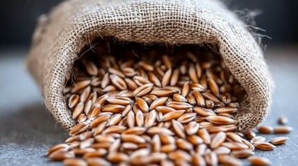 Spelt Grains Overflowing from Burlap Sack Rustic Food Photography