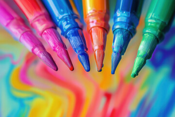 Obraz premium A set of markers doing cartwheels, leaving colorful trails behind them