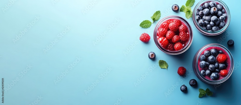 Poster berry smoothie in glass jars surrounded by fresh ingredients on a light blue background with empty s