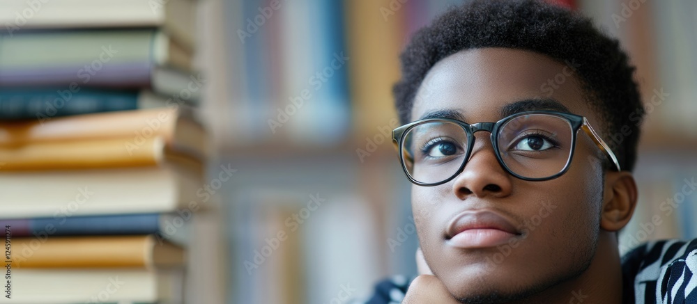 Poster bespectacled african american student in classroom engaged in learning with books and empty space fo