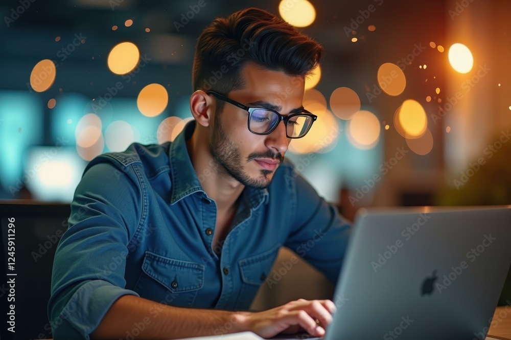 Poster man is using laptop computer at table