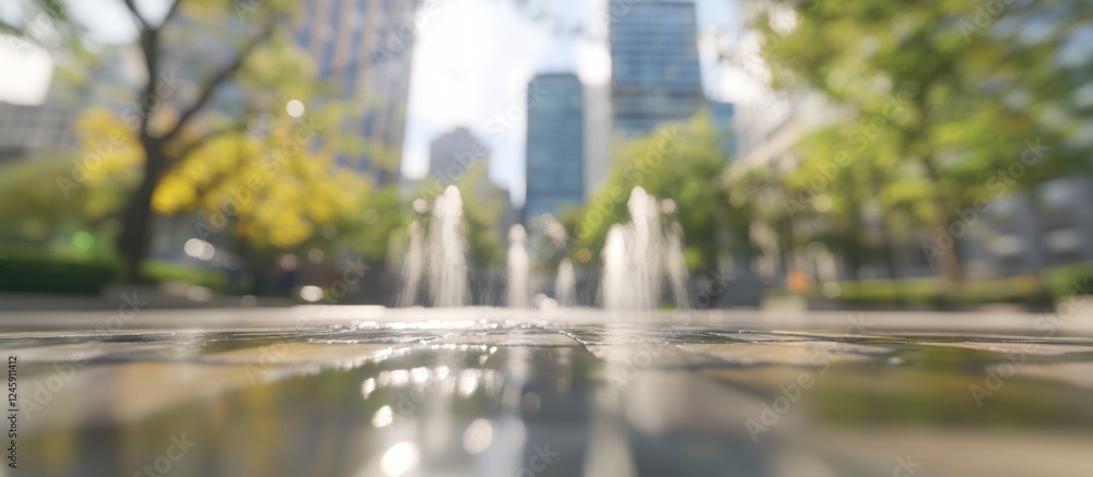 Poster blurred city square with water feature and green trees providing calm atmosphere and space for creat
