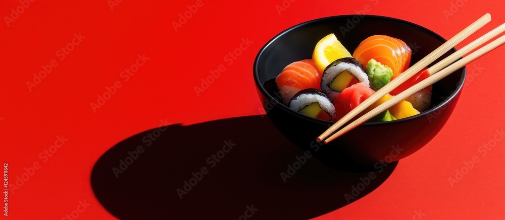 Aufkleber sushi in black bowl with chopsticks on vibrant red bamboo background creating an appealing culinary 