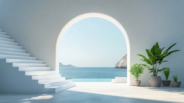 Seaside Minimalist Interior with Arched Doorway and Staircase in Santorini Villa