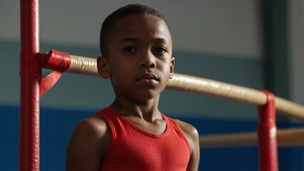 Young gymnast showing determination and focus during training at a local gym while wearing a bright red leotard and standing confidently beside the parallel bars in the afternoon light