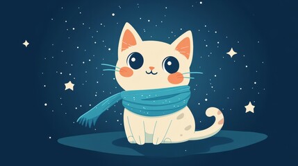 Fototapeta premium A curious cartoon kitten in a scarf, floating in space with a minimalist astronaut theme and bright stars