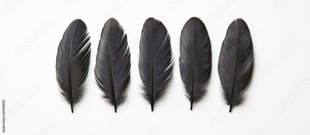 Poster black duck feathers arranged in a row on a clean white background showcasing their texture and form.