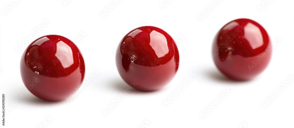 Poster glossy red cherry fruits arranged in a row isolated on a clean white background showcasing their vib
