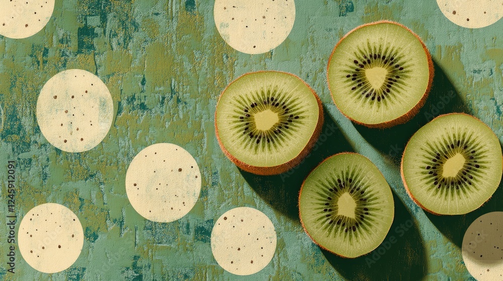 Poster a whole kiwi and a few slices laid out neatly on a table, highlighting the rich green flesh and text
