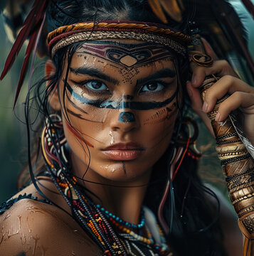 Beautiful warrior woman, war paint, holding weapon.