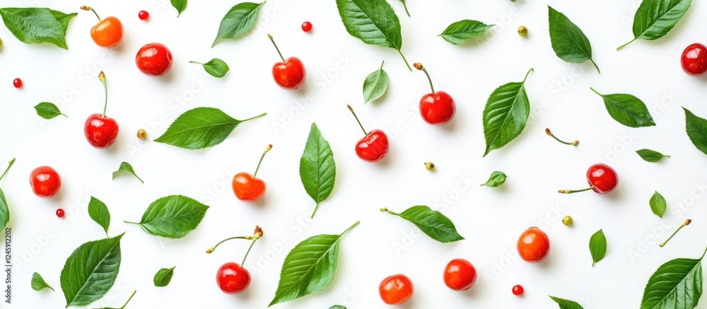Aufkleber cherries and green leaves flat lay on white background vibrant pattern of fresh fruit and foliage fo