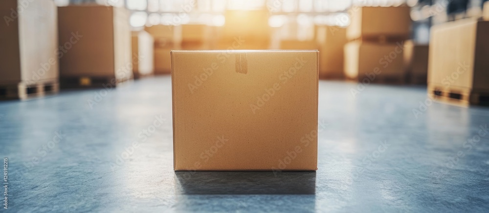 Poster Warehouse Carton Box in Aisle with Empty Space for Text Representing Storage and Logistics Operations with Sunlight Filtering Through Windows