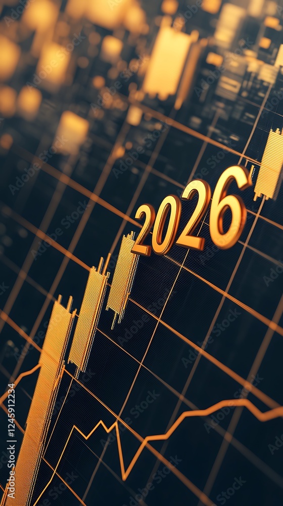 Poster a visual representation of a financial chart displaying growth trends leading up to the year 2026, f