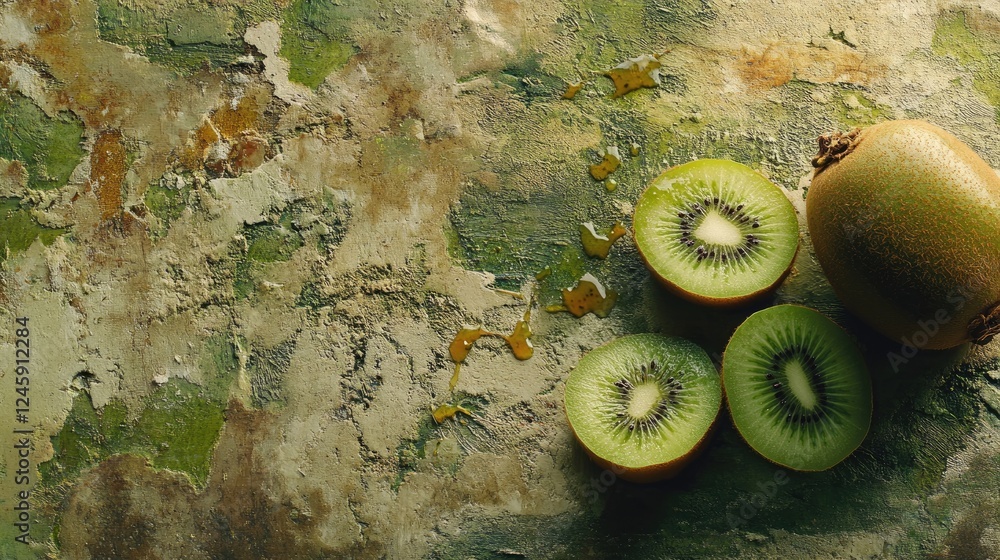Poster a whole kiwi and a few slices laid out neatly on a table, highlighting the rich green flesh and text