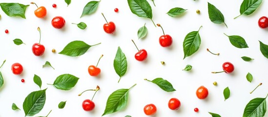 Cherries and green leaves flat lay on white background vibrant pattern of fresh fruit and foliage for abstract food design concepts.