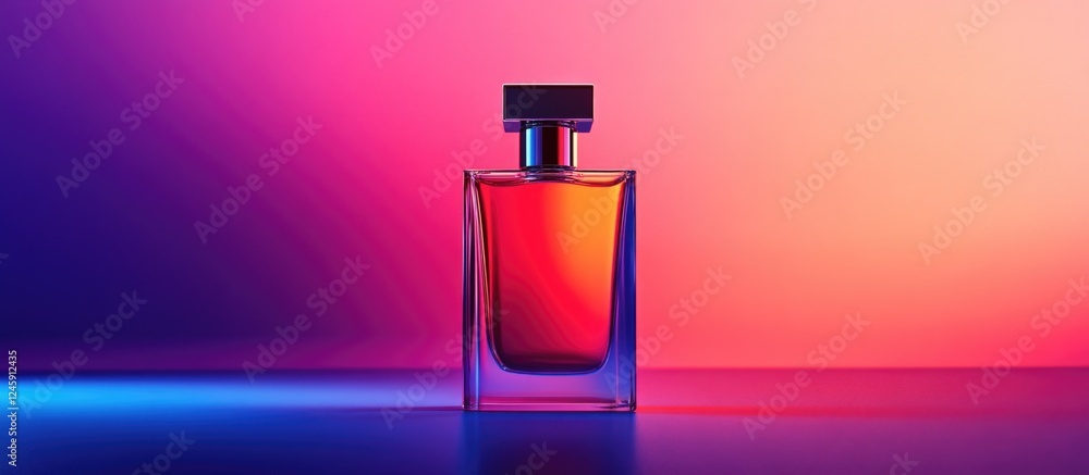 Poster elegant perfume bottle illuminated against a gradient background creating a vibrant and sophisticate