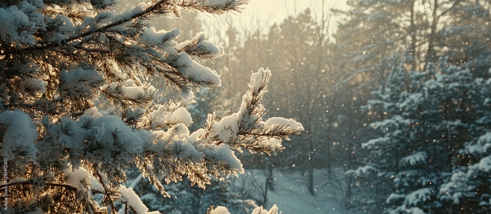 Poster snow-covered pine branches glistening in winter sunlight with a serene forest backdrop creating a pe