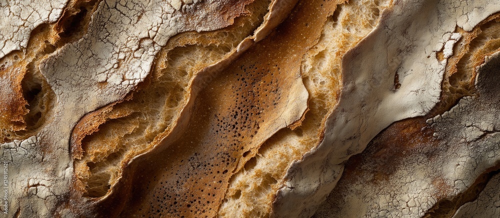 Poster Bread texture background showcasing the intricate layers and crust variations of freshly baked bread in warm earthy tones.
