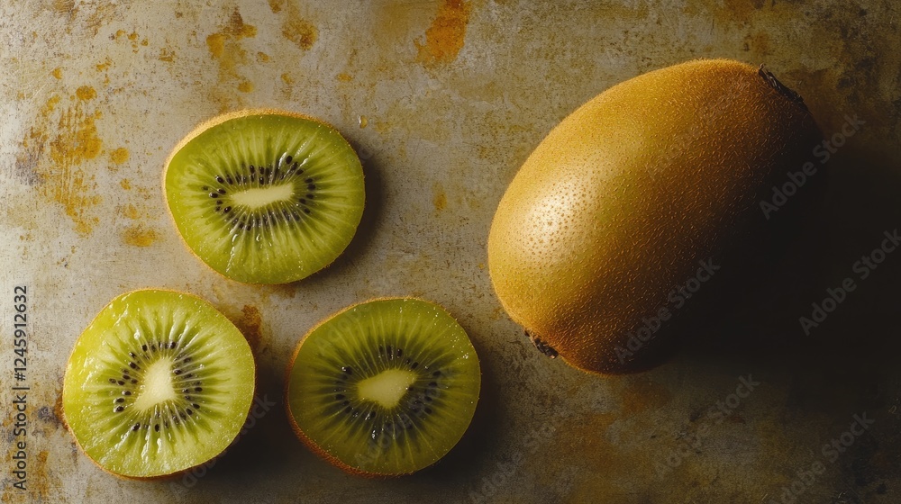 Poster a whole kiwi and a few slices laid out neatly on a table, highlighting the rich green flesh and text