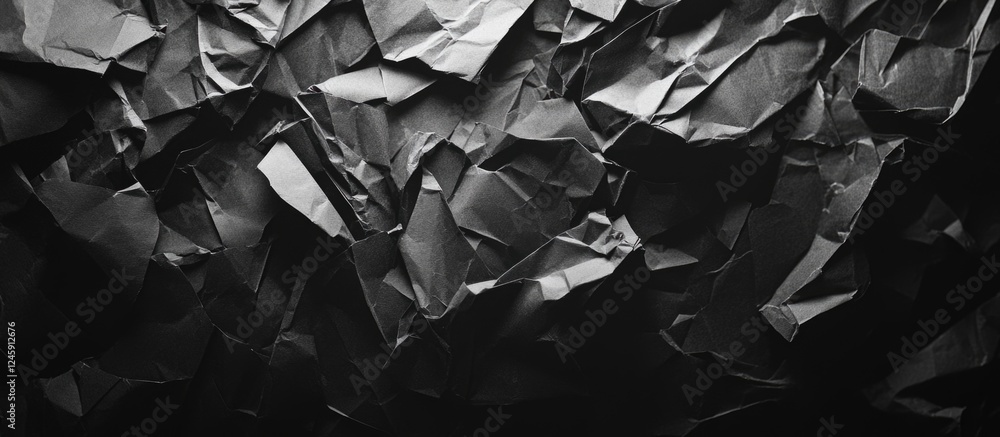 Poster crumpled black paper texture with dramatic low light creating depth and contrast suitable for backgr