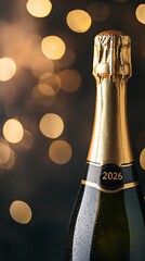 A close-up of a champagne bottle with a shimmering golden neck and the year "2026" printed, set against a backdrop of blurred festive lights.