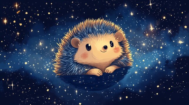 A cute cartoon hedgehog , floating in space with a clean, minimalist background filled with stars