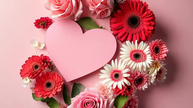 Pink valentine heart nestled amid vibrant floral design, soft pink backdrop radiating love and warmth for romantic celebrations copy space for your text video 4K