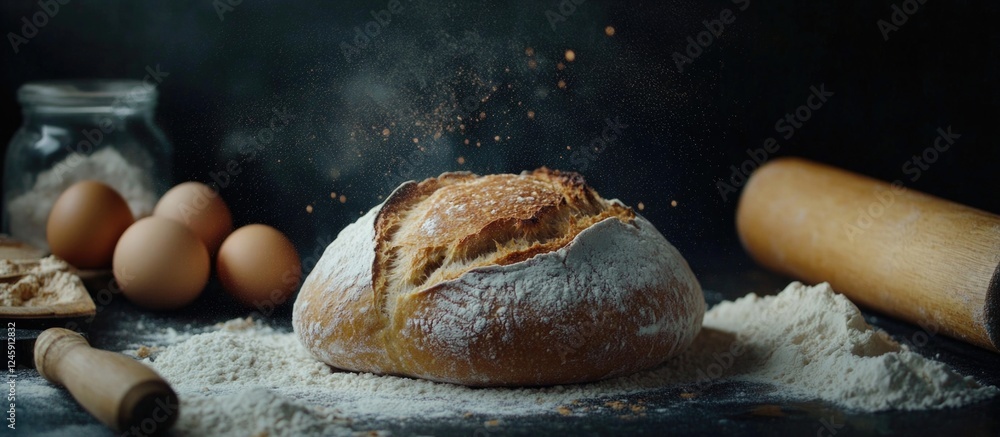 Poster rustic homemade bread on a dark countertop surrounded by ingredients like flour, eggs, and a rolling